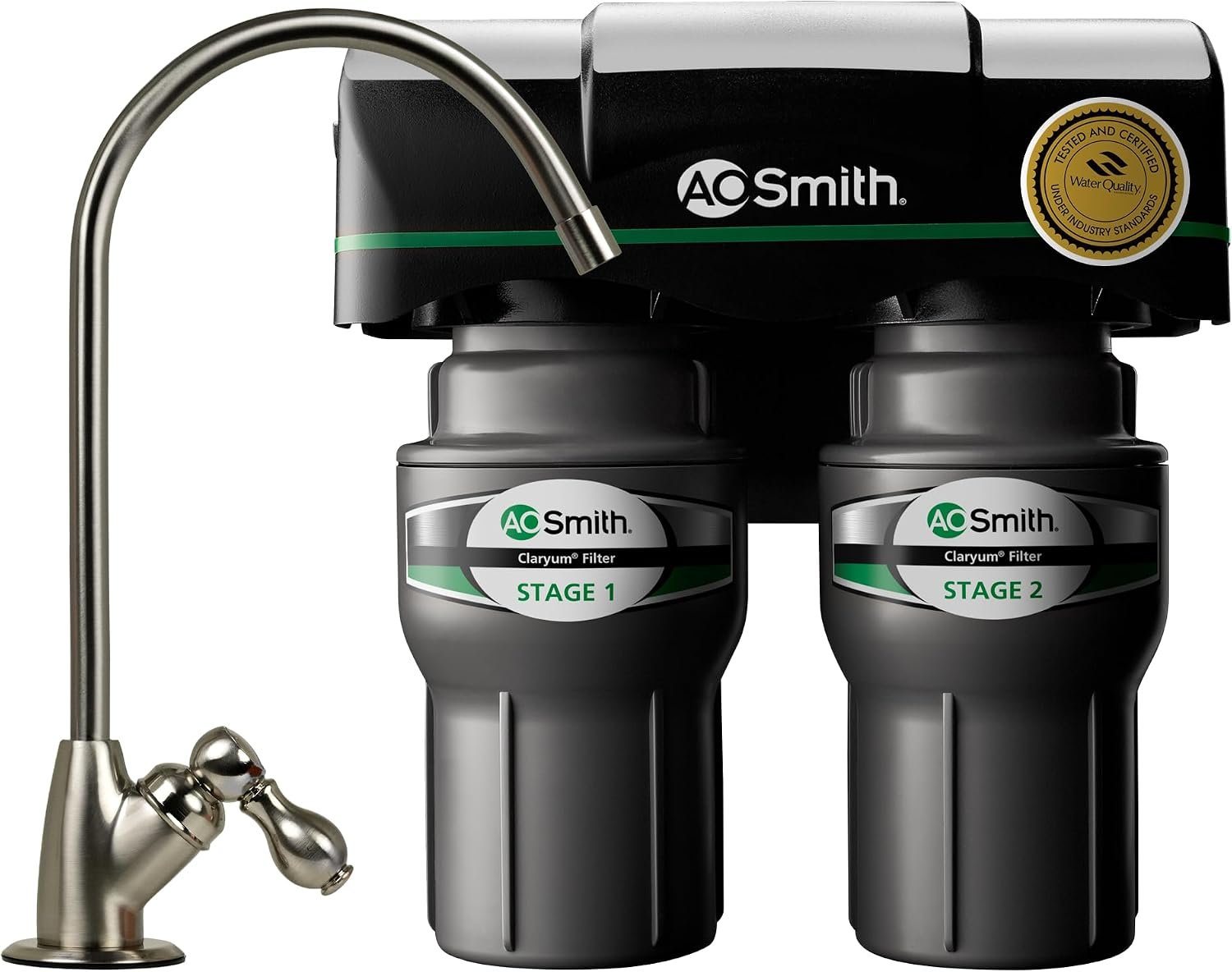 A.O. Smith AO-US-200 2-stage under-sink Claryum water filter with brushed nickel faucet