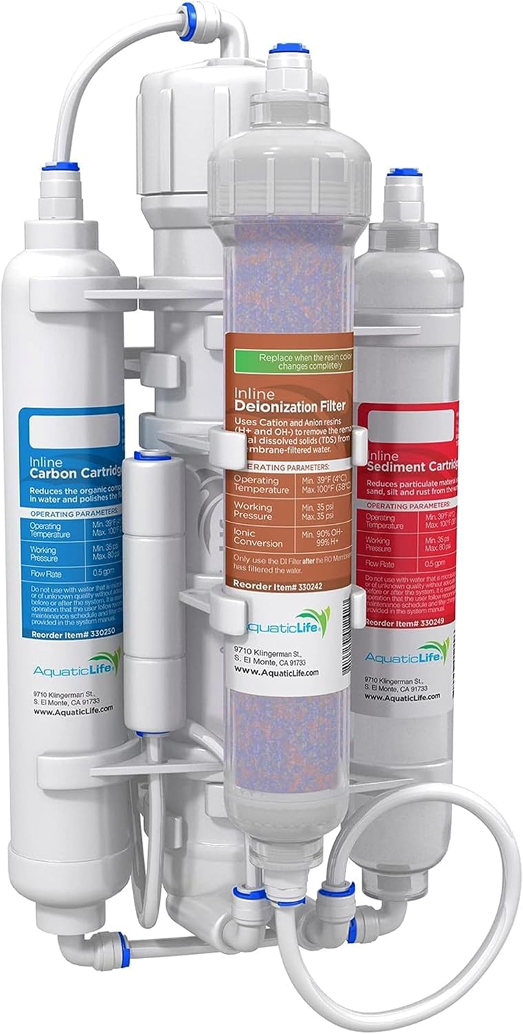 Aquatic Life RO Buddie 540019 4-stage RO/DI aquarium filter showing all four cartridge stages