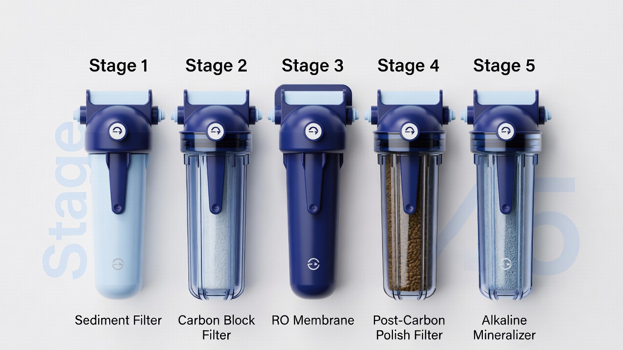 The 5 stages of a reverse osmosis system labeled Stage 1 through Stage 5 — sediment filter, carbon block filter, RO membrane, post-carbon polish filter, and alkaline mineralizer