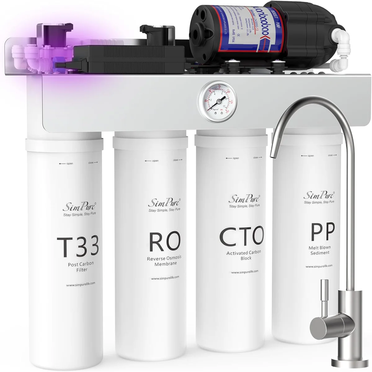 SimPure T1-400 tankless under-sink RO with UV sterilization and pressure gauge