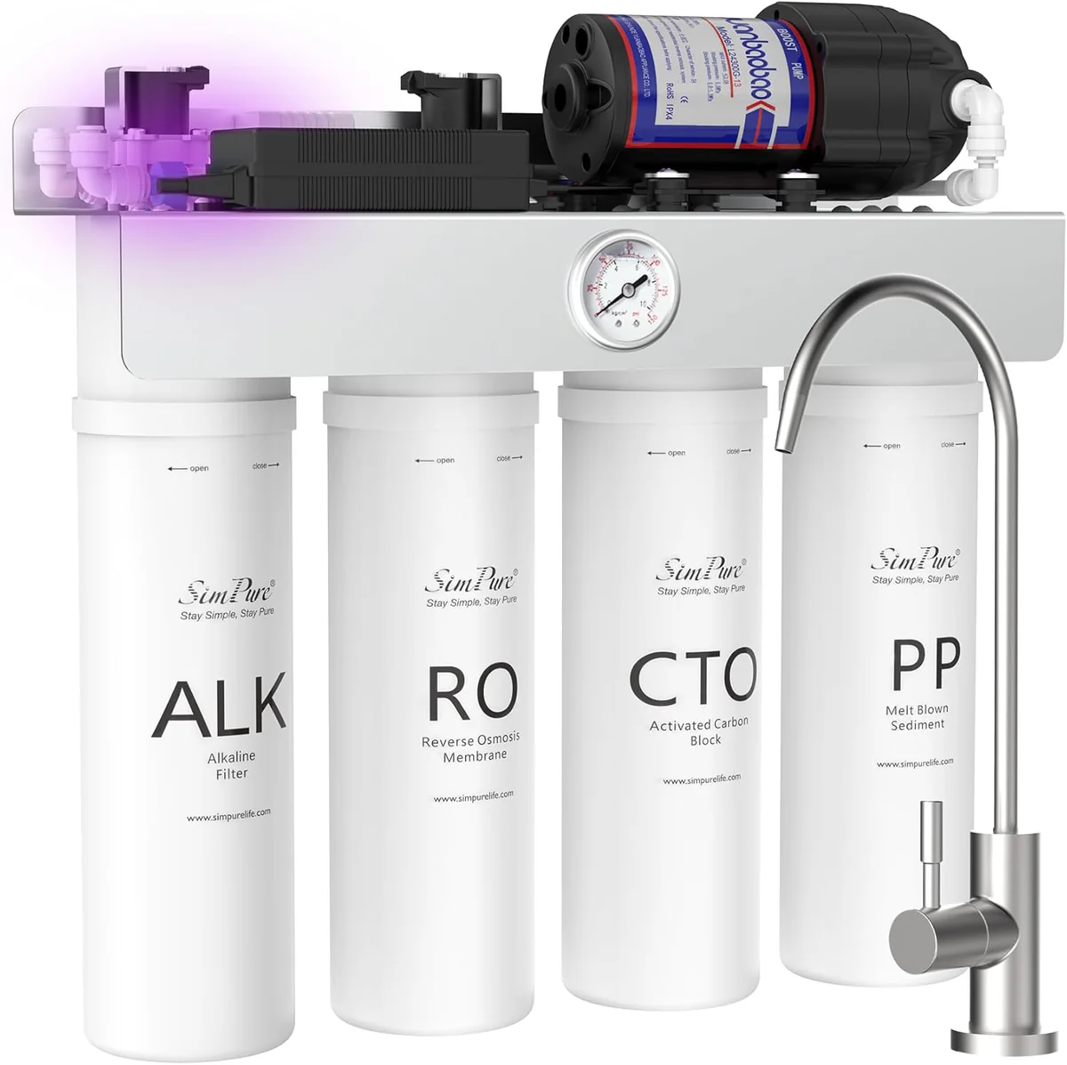 SimPure T1-400ALK tankless under-sink RO with alkaline filter, UV, and pressure gauge