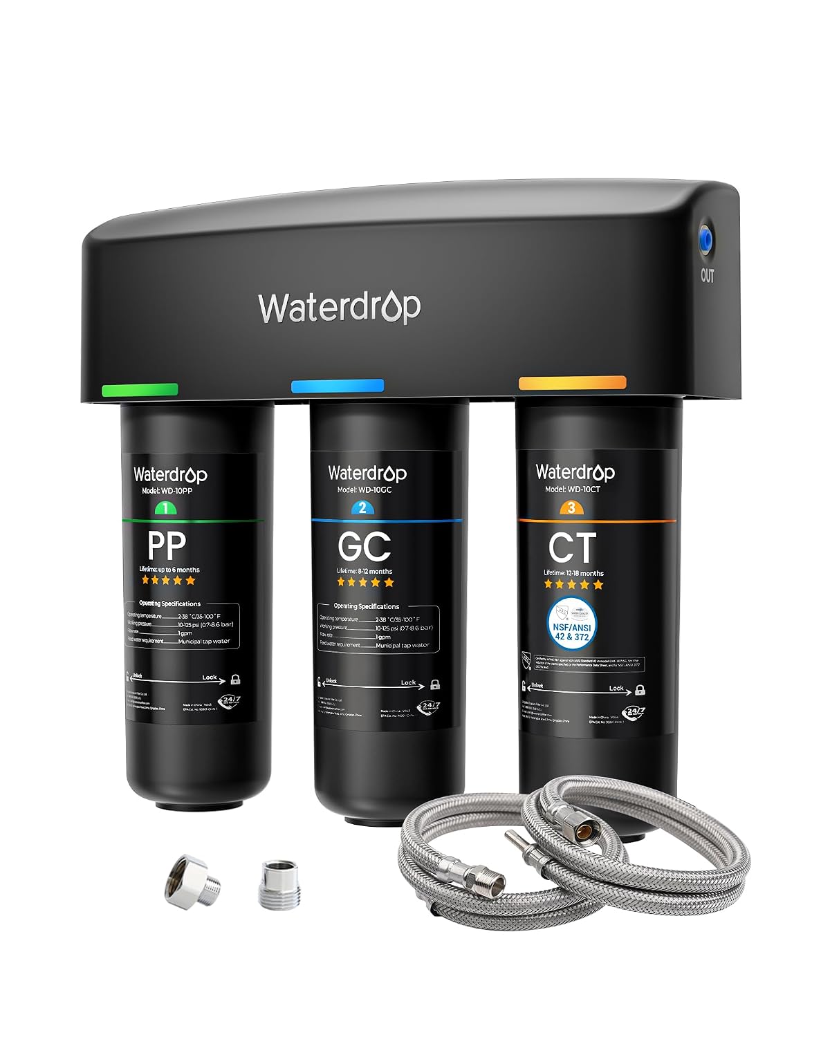 Waterdrop WD-TSA 3-stage under-sink direct connect water filter system with WD-10PP WD-10GC WD-10CT cartridges