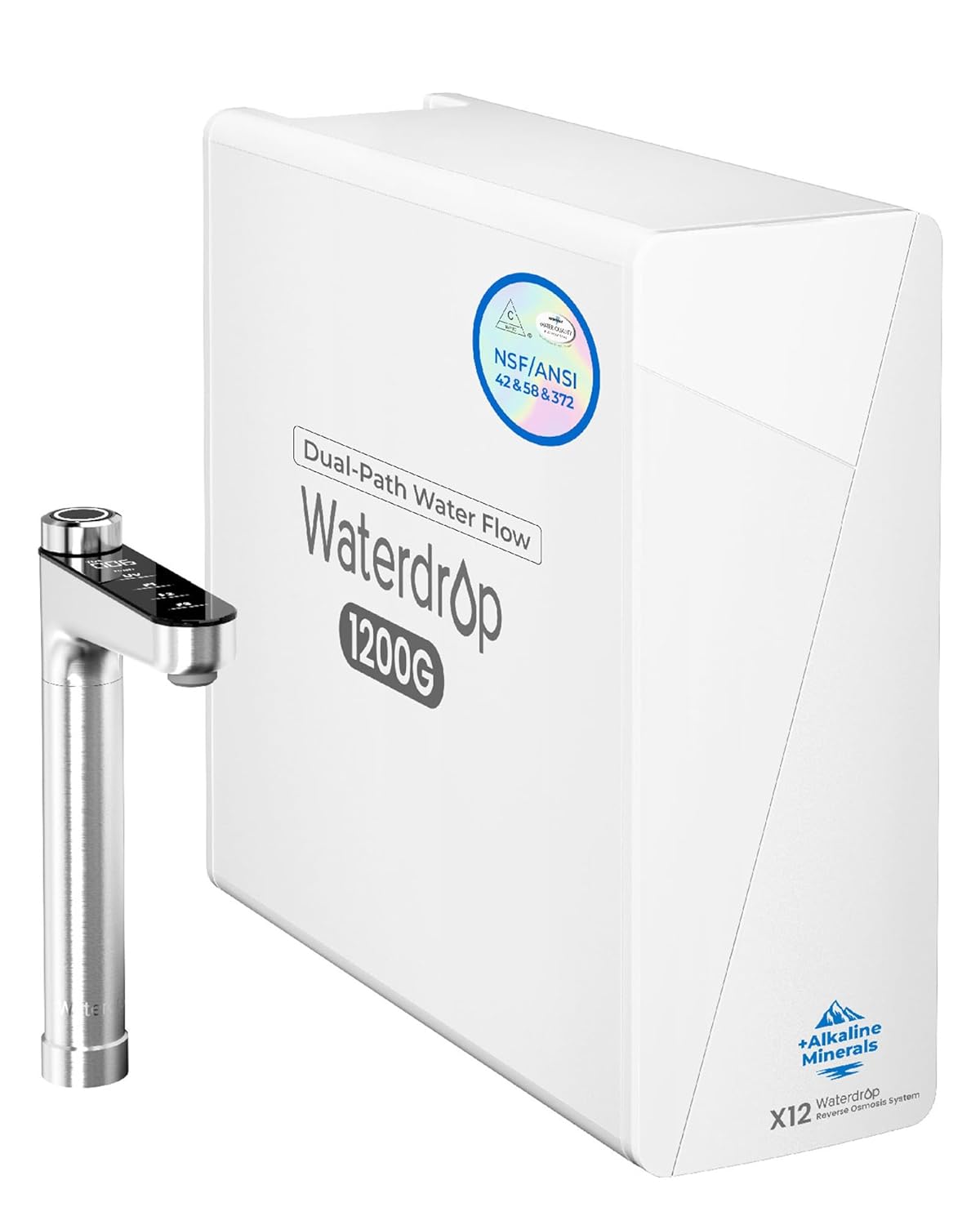 Waterdrop X12 1200G under-sink reverse osmosis system with smart faucet, white chassis, NSF/ANSI 42 & 58 & 372 certified