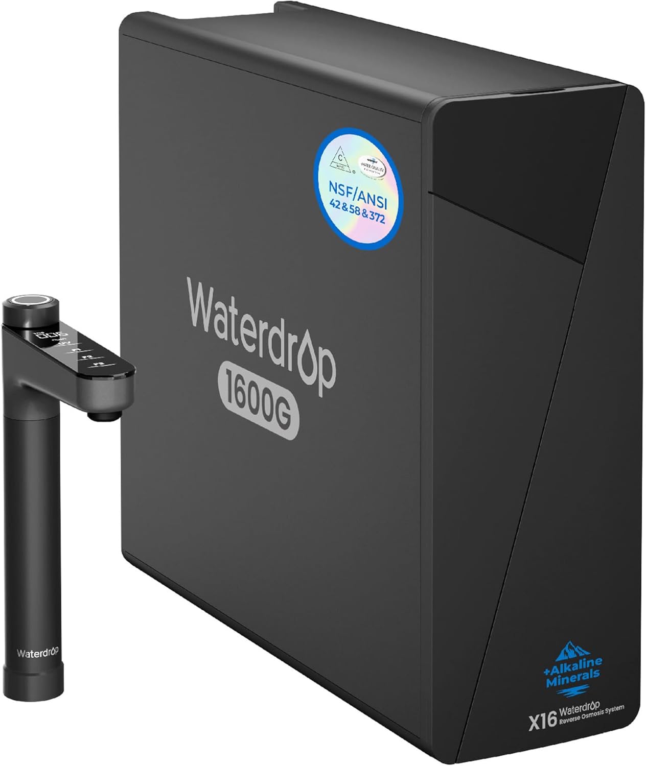 Waterdrop X16 1600G under-sink reverse osmosis system with smart faucet, matte-black chassis, NSF/ANSI 42 & 58 & 372 certified