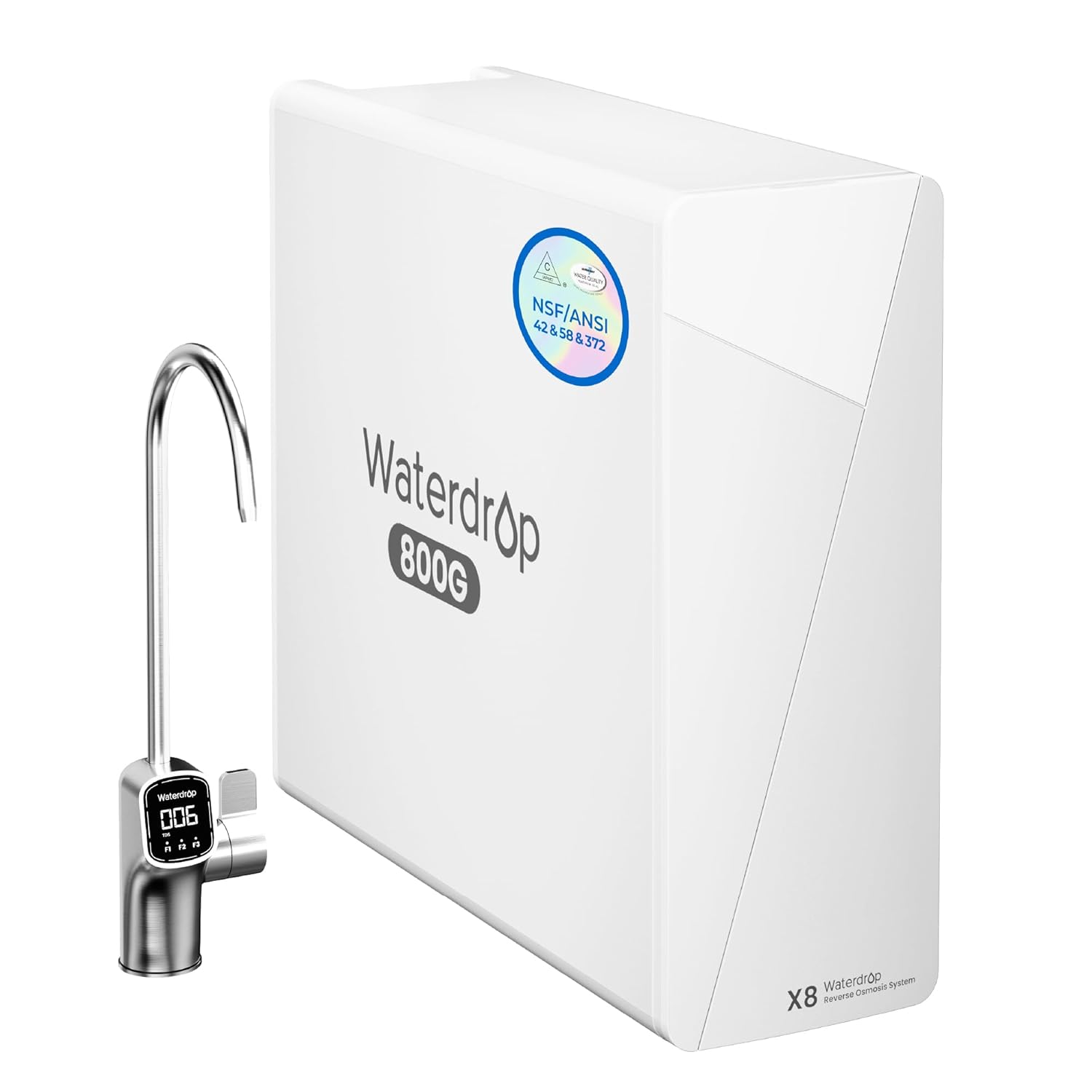 Waterdrop X8 800G under-sink tankless reverse osmosis system with smart faucet, white chassis, NSF/ANSI certified